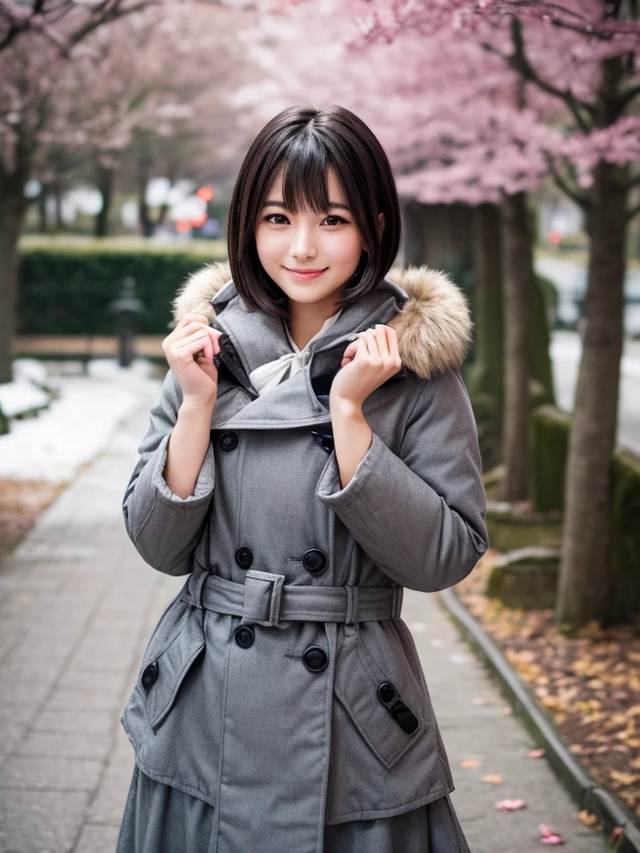 (8k, RAW photo, best quality, masterpiece, ultra detailed:1.2),(realistic, photo-realistic:1.4), upper body shot, (extremely cute Japanese idol:1.2), 20 years old, (detailed skin, detailed face: 1.2), sharp focus, SIGMA 85mm f/1.4., depth of field, blur background, bokeh, cinematic lighting, soft light, pale skin, brown eyes, naughty smile, seductive, kawaii, looking at viewer, short straight black hair, gray parka, winter coat, random pose, long skirt, park, winter