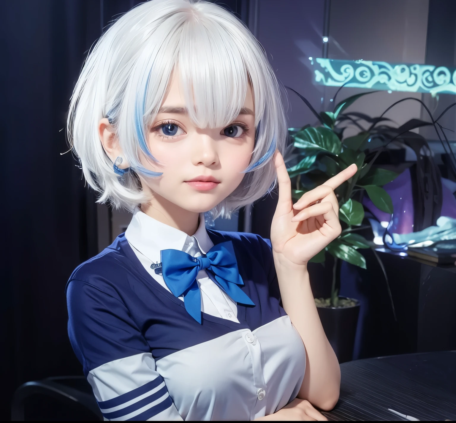  com cabelo branco e olhos azuis em um quarto, uma camisa branca com uma estampa xadrez azul, a bright blue bow