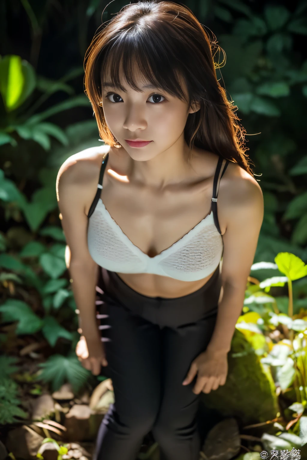 (Best Picture Quality, at 8K, at 32K, Masterpiece:1.2), (1 slender Japanese female, 28 yrs, tall gravure model), dark brown hair, deep in jungle, light foreground, dark background, photon mapping, radiosity, light-dark method:1.3, (High Definition Skin:1.2) (short pants, bare Shoulders:1.1), Crouching with legs spread, ((provocative feminine pose)), Top-down view:1.5, Ultra-detailed face