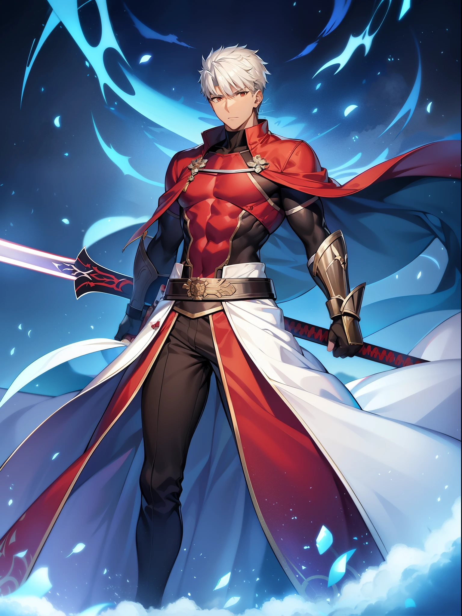 top-quality、Masterpiece、detaileds、Fate/Stay naight、Shiro Emiya、A pair of male and female swords　Ganshou/Moya、Brown skin、silber hair、Shorthair、well-muscled、Muscle、Made of Infinite Swords、The body is made of swords。Blood is iron、heart is glass。Undefeated through countless battles。Not even a single defeat、No just one victory。The bearer is here alone、Forging Iron on the Hill of Swords。If so、My life doesn&#39;t need meaning、This body was made of infinite swords.。I am the bone of my sword.Steel is my body, and fire is my blood.I have created over a thousand blades.Unaware of loss.Nor aware of gain.Withstood pain to create weapons,waiting for one's arrival.I have no regrets.This is the only path.My whole life was"unlimited blade works"