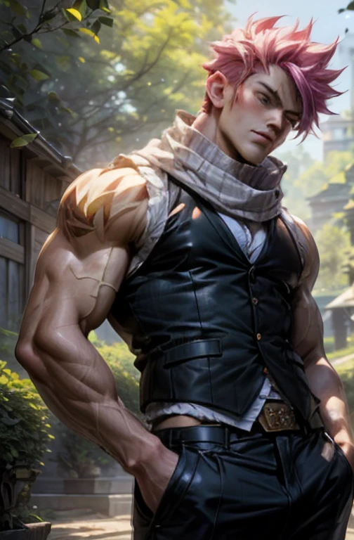 (best quality,highres,ultra-detailed:1.2), A muscular man Natsu Dragneel is standing in a garden (flexing:1.1). He is wearing a (cut sleeve vest:1.2) and (white scarf:1.2) with visible chest and pecare chested:1.2, washboard abs:1.2, V-shape body:1.2). Natsu has extremely detailed facial features with beautiful detailed eyes, beautiful detailed lips, and long eyelashes. The garden surrounding him is filled with vibrant flowers and lush greenery. The garden has a vintage aesthetic inspired by the 1900s, with a touch of Zwxthejx's artistic style. The lighting in the scene is absolutely stunning, with gorgeous natural light illuminating the garden, creating a warm and inviting atmosphere.