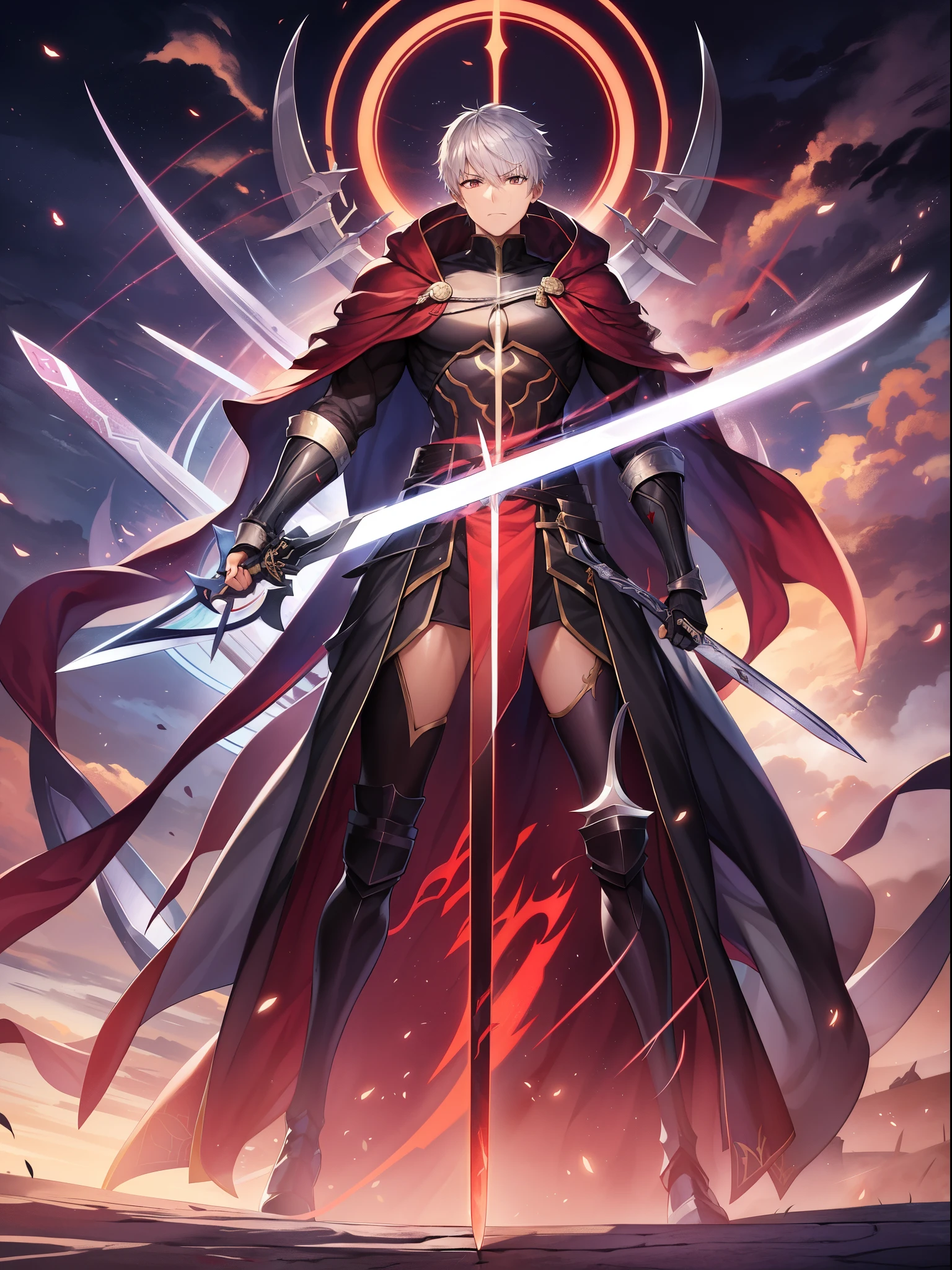 top-quality、Masterpiece、detaileds、Fate/Stay naight、Shiro Emiya、A pair of male and female swords Ganshou/Moya、Brown skin、silber hair、Shorthair、well-muscled、Muscle、red cloak、Made of Infinite Swords、The body is made of swords。Blood is iron、heart is glass。Undefeated through countless battles。Not even a single defeat、No just one victory。The bearer is here alone、Forging Iron on the Hill of Swords。If so、My life doesn't need meaning、This body was made of infinite swords.。I am the bone of my sword.Steel is my body, and fire is my blood.I have created over a thousand blades.Unaware of loss.Nor aware of gain.Withstood pain to create weapons,waiting for one's arrival.I have no regrets.This is the only path.My whole life was"unlimited blade works"