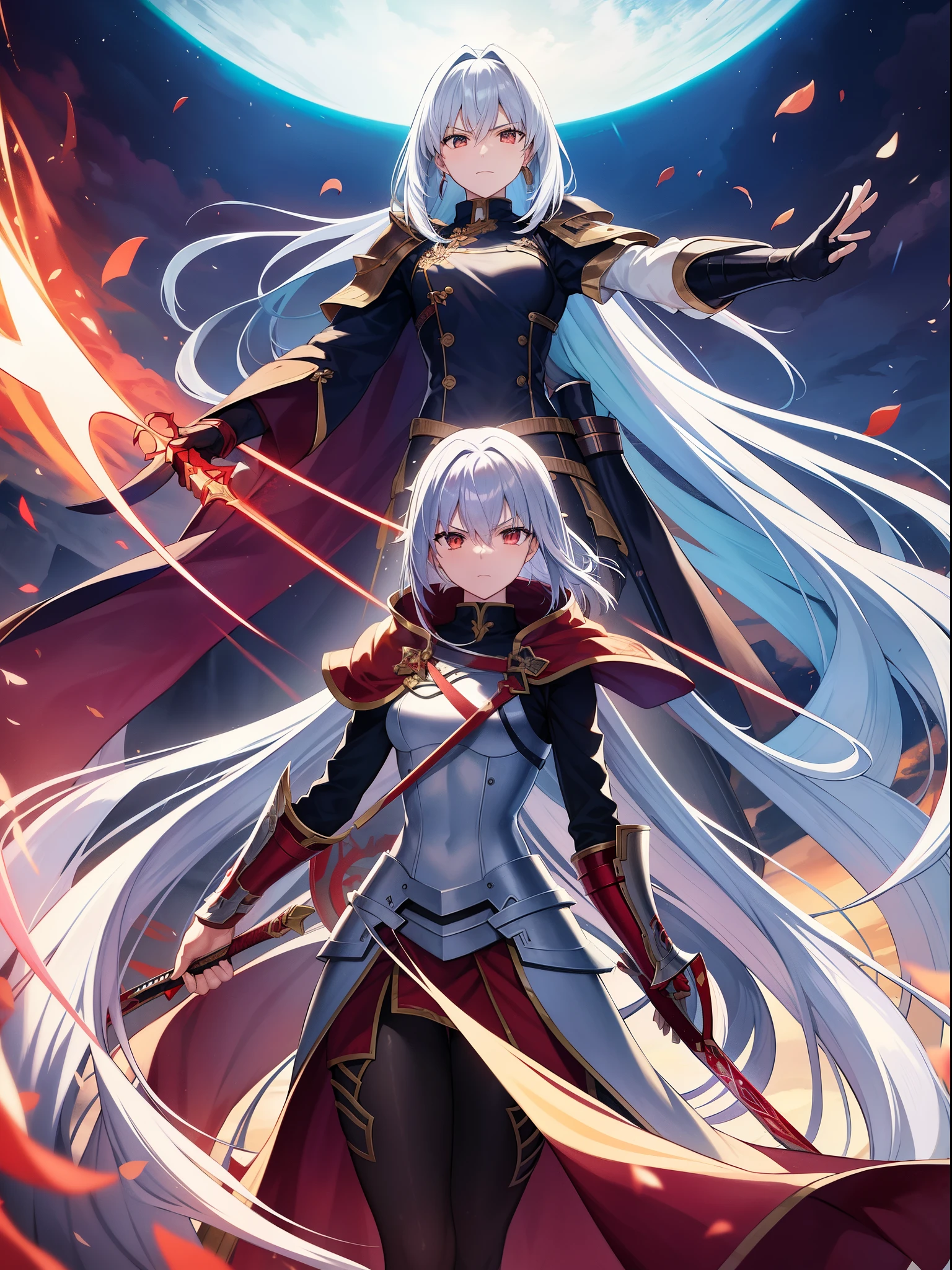 top-quality、Masterpiece、detaileds、Fate/Stay naight、Shiro Emiya、A pair of male and female swords Ganshou/Moya、Brown skin、silber hair、Shorthair、well-muscled、Muscle、red cloak、Made of Infinite Swords、The body is made of swords。Blood is iron、heart is glass。Undefeated through countless battles。Not even a single defeat、No just one victory。The bearer is here alone、Forging Iron on the Hill of Swords。If so、My life doesn't need meaning、This body was made of infinite swords.。I am the bone of my sword.Steel is my body, and fire is my blood.I have created over a thousand blades.Unaware of loss.Nor aware of gain.Withstood pain to create weapons,waiting for one's arrival.I have no regrets.This is the only path.My whole life was"unlimited blade works"