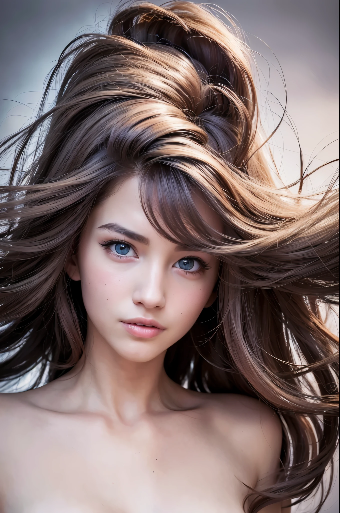 (realistic, photo-realistic:1.37),(8k, RAW photo, best quality, masterpiece:1.2), cute, ultra-detailed,heart-shaped pupils,physically-based rendering, ultra high res, kodakvision color, shot on Arricam LT Camera, bokeh, sharp focus,
looking at viewer,photorealistic,realistic, solo, photorealistic, best quality,extremely detailed face,extremely detailed eyes and face, beautiful detailed eyes,absurdres, incredibly absurdres,haunting smile,Messy hair, floating hair, ,