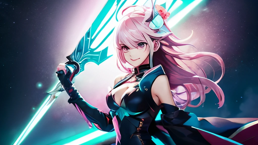 Anime style、Cyberpunk style、There is a sense of dynamism in the movement、wearing a long black dress、Beautiful girl with light pink hair and a smile、hold two swords in hand、Dark interior with blue-green tones、pc wallpaper