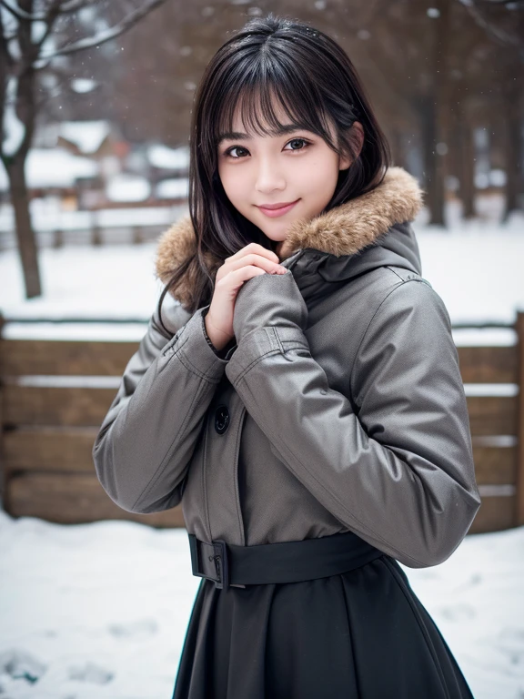 (8k, RAW photo, best quality, masterpiece, ultra detailed:1.2),(realistic, photo-realistic:1.4), upper body shot, (extremely cute Japanese idol:1.2), 20 years old, (detailed skin, detailed face: 1.2), detailed hands, sharp focus, SIGMA 85mm f/1.4., depth of field, blur background, bokeh, cinematic lighting, soft light, pale skin, brown eyes, naughty smile, seductive, kawaii, looking at viewer, short straight black hair, gray parka, winter coat, random pose, long skirt, park, winter