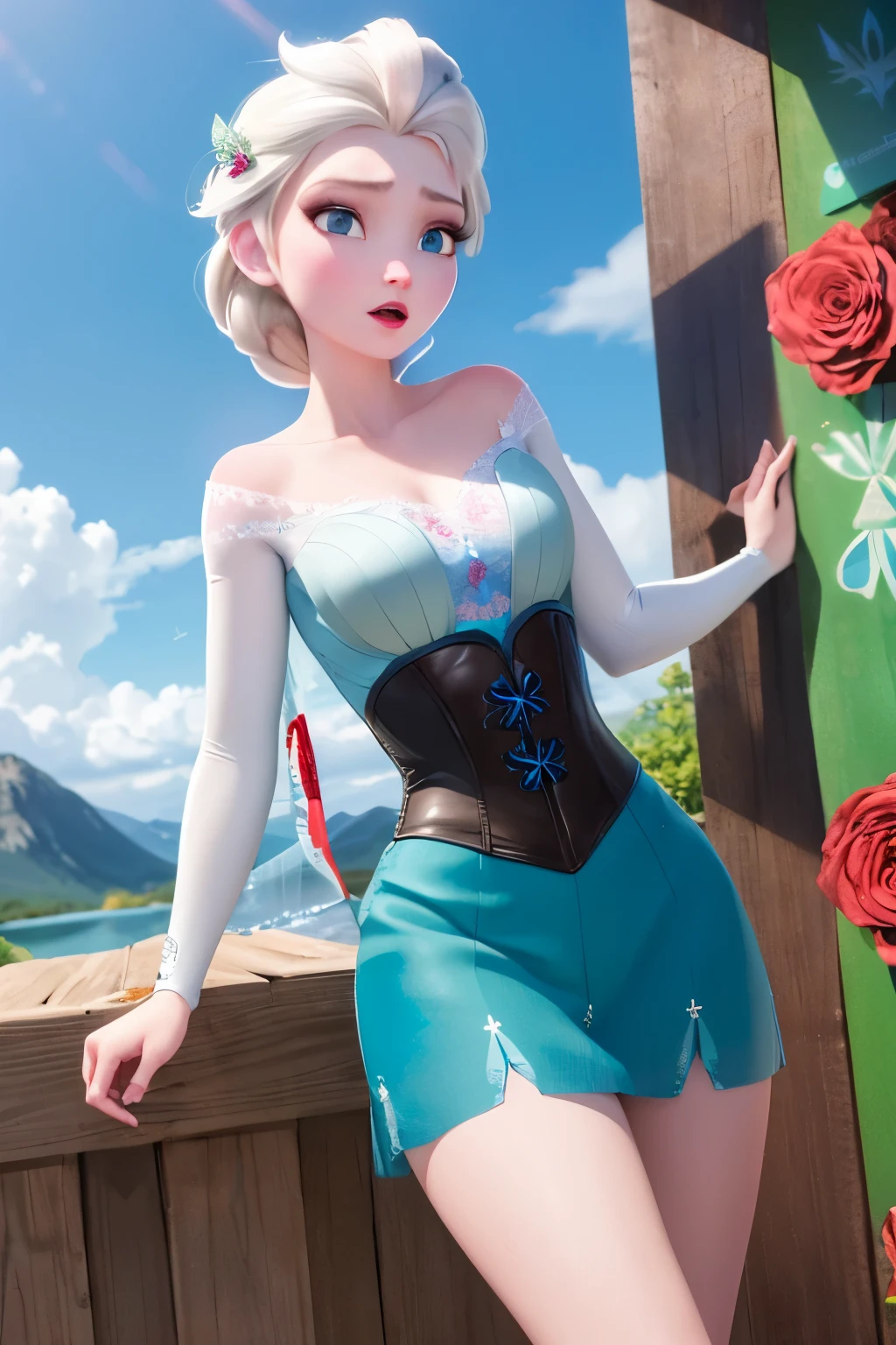 (masterpiece:1.4), (best qualit:1.4), (high resolution:1.4), for wearing roses Elsa , Frozen Elsa, frightened, cute sexy Elsa, beautiful body, with leather-clad a sunny woman rainy corset and hair, long white day, venus dark grey green beautiful raven looking brown. blue, sky, of windy