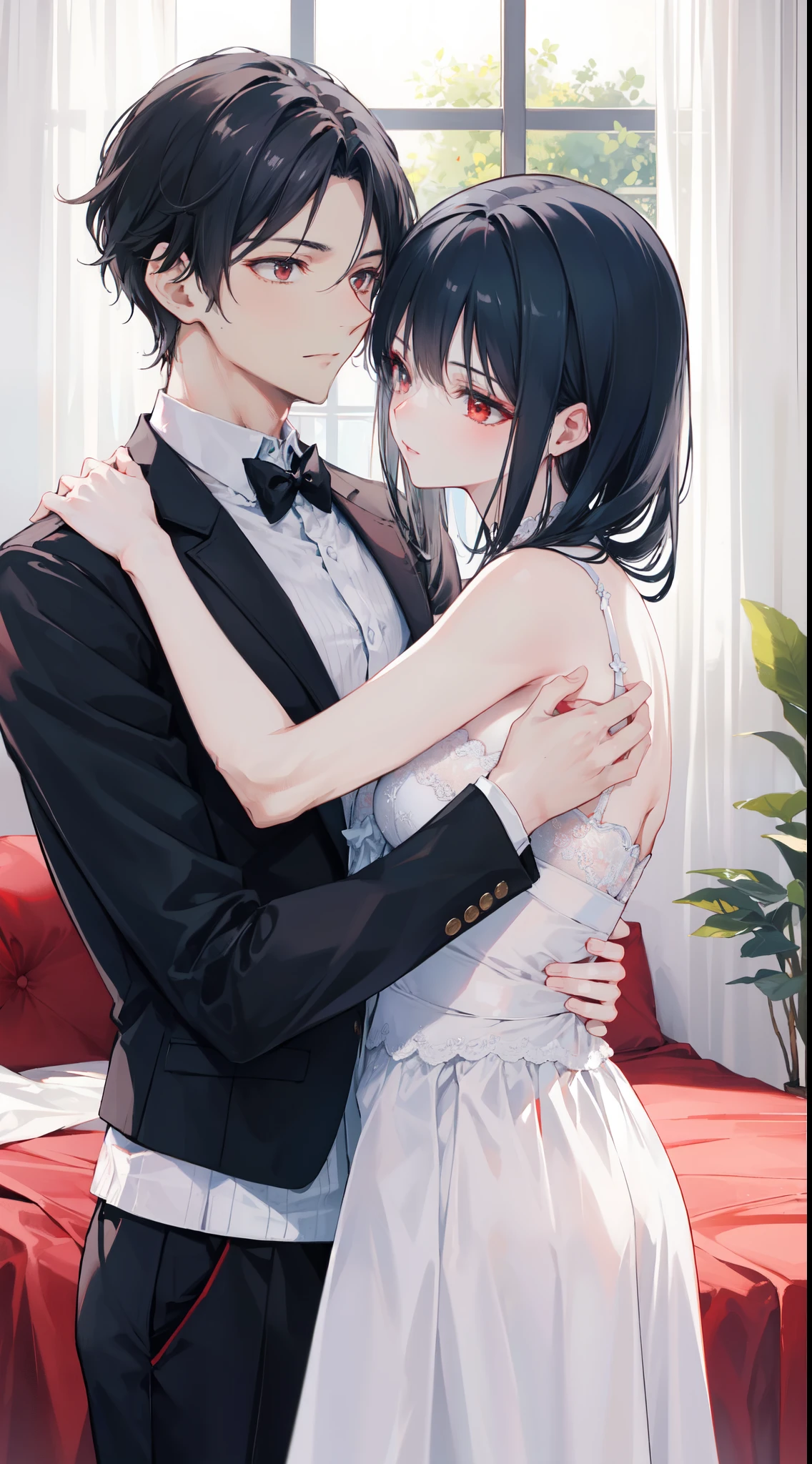 "4k romantic fantasy scene: mature couple embracing tenderly. The man with black hair and blue eyes, and the woman with elegantly tied black hair and mesmerizing red eyes."