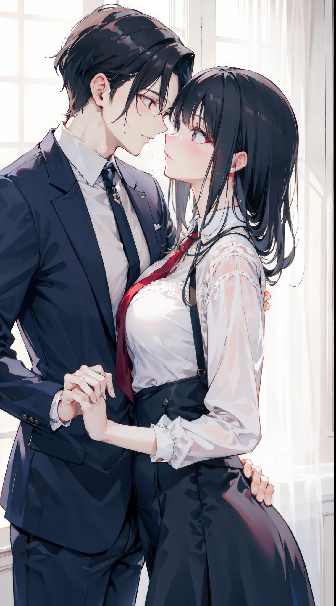 "4k romantic fantasy scene: mature couple embracing tenderly. The man with black hair and blue eyes, and the woman with elegantly tied black hair and mesmerizing red eyes."