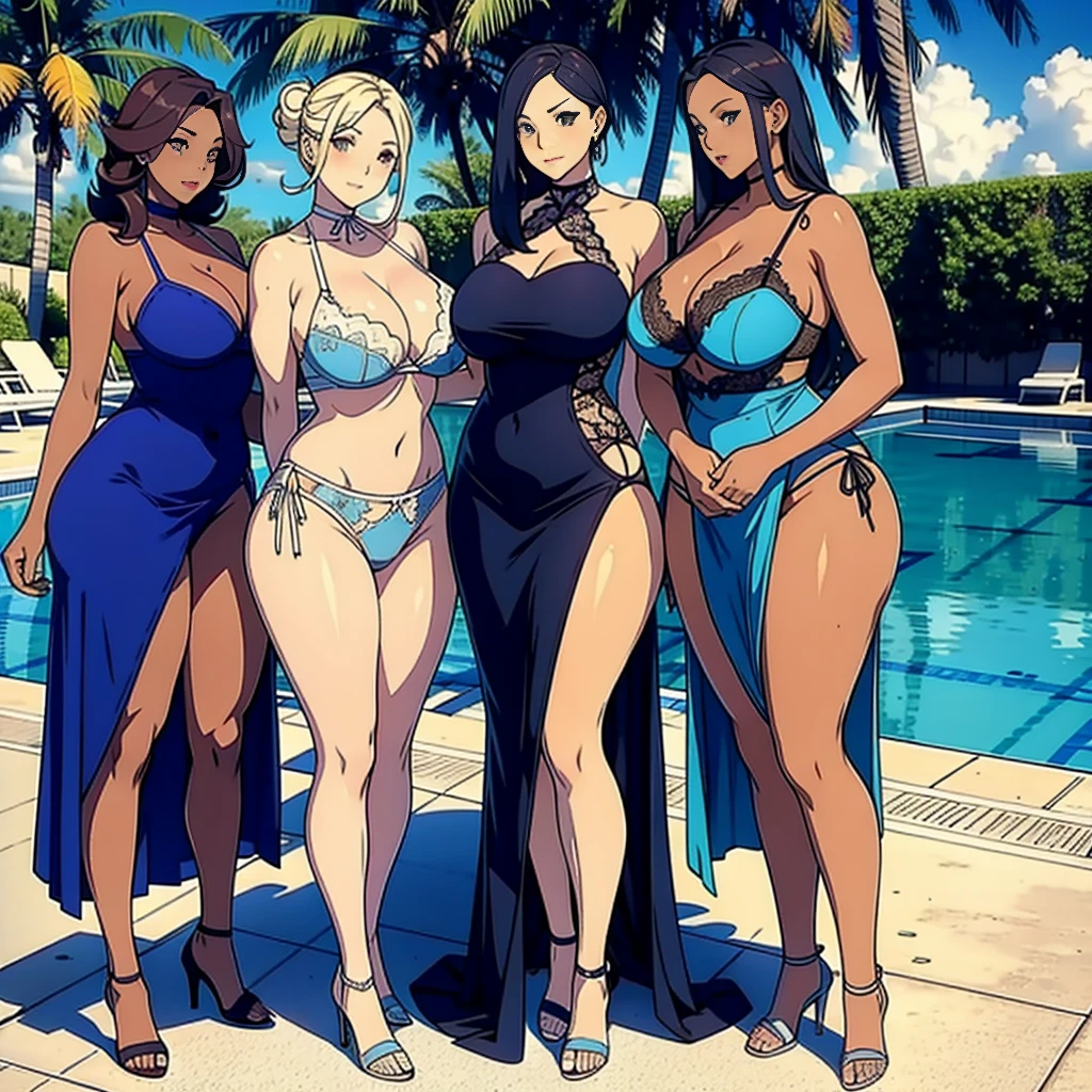 multiple thick body females standing side by side at the pool daytime, all females wearing long open slit dress, partially expose panties underneath dress, all females wearing different style and colors lace pattern bra and panties underneath dress, all dress has upside down v slit in the middle