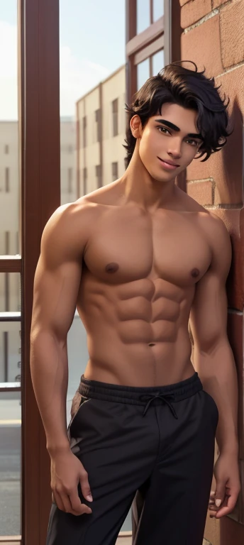 Handsome and sensual 18-year-old young man, athletic and well-defined body, black hair falling in disheveled locks over his forehead, intense and expressive brown eyes, slightly tanned skin, captivating smile