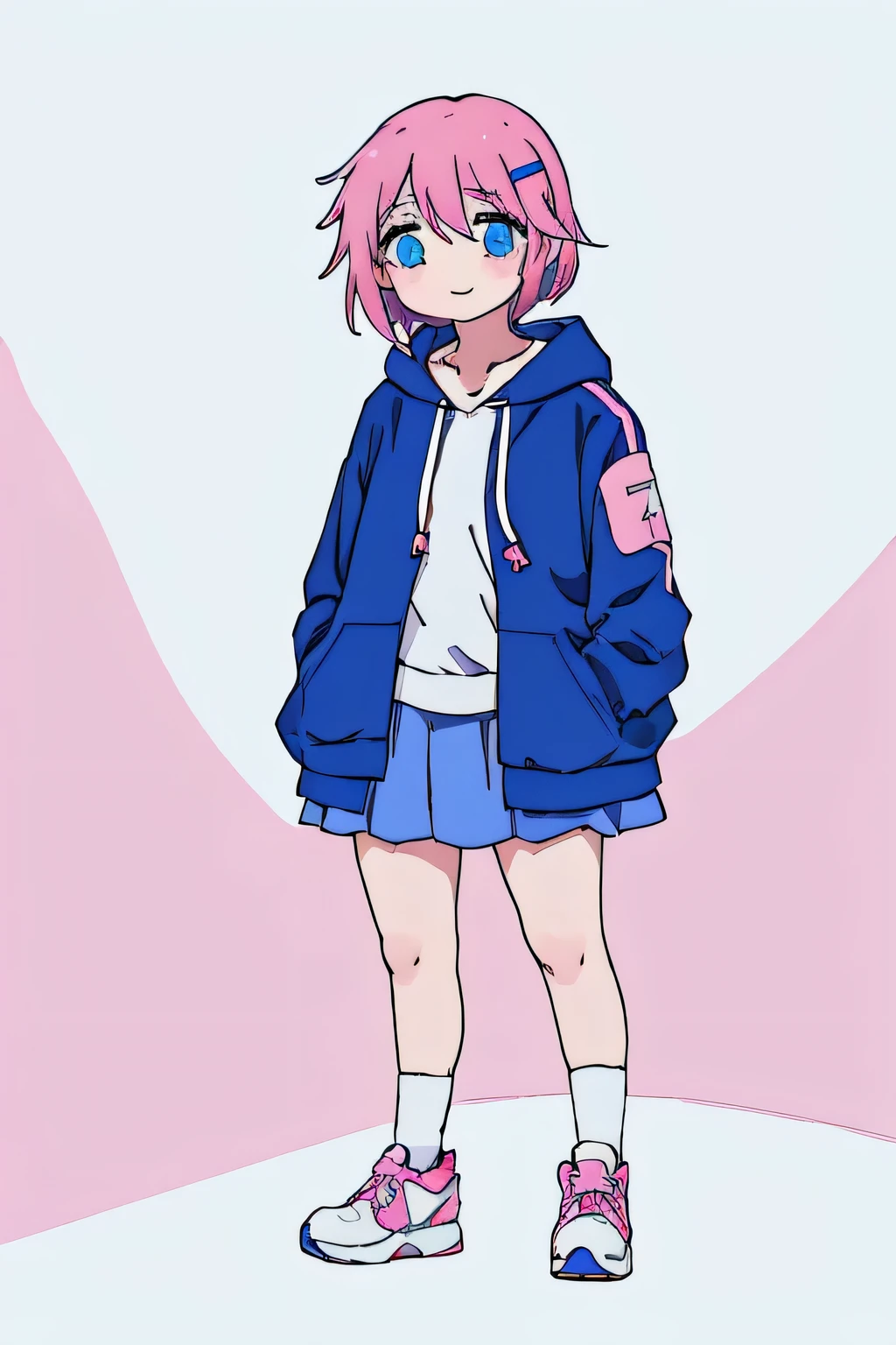 Chica anime con pelo corto rosa ojos azules sudadera con capucha rosa falda azul negro legwear zapatos blancos pinza para el pelo, fondo blanco, sencillo, En pie, feliz,