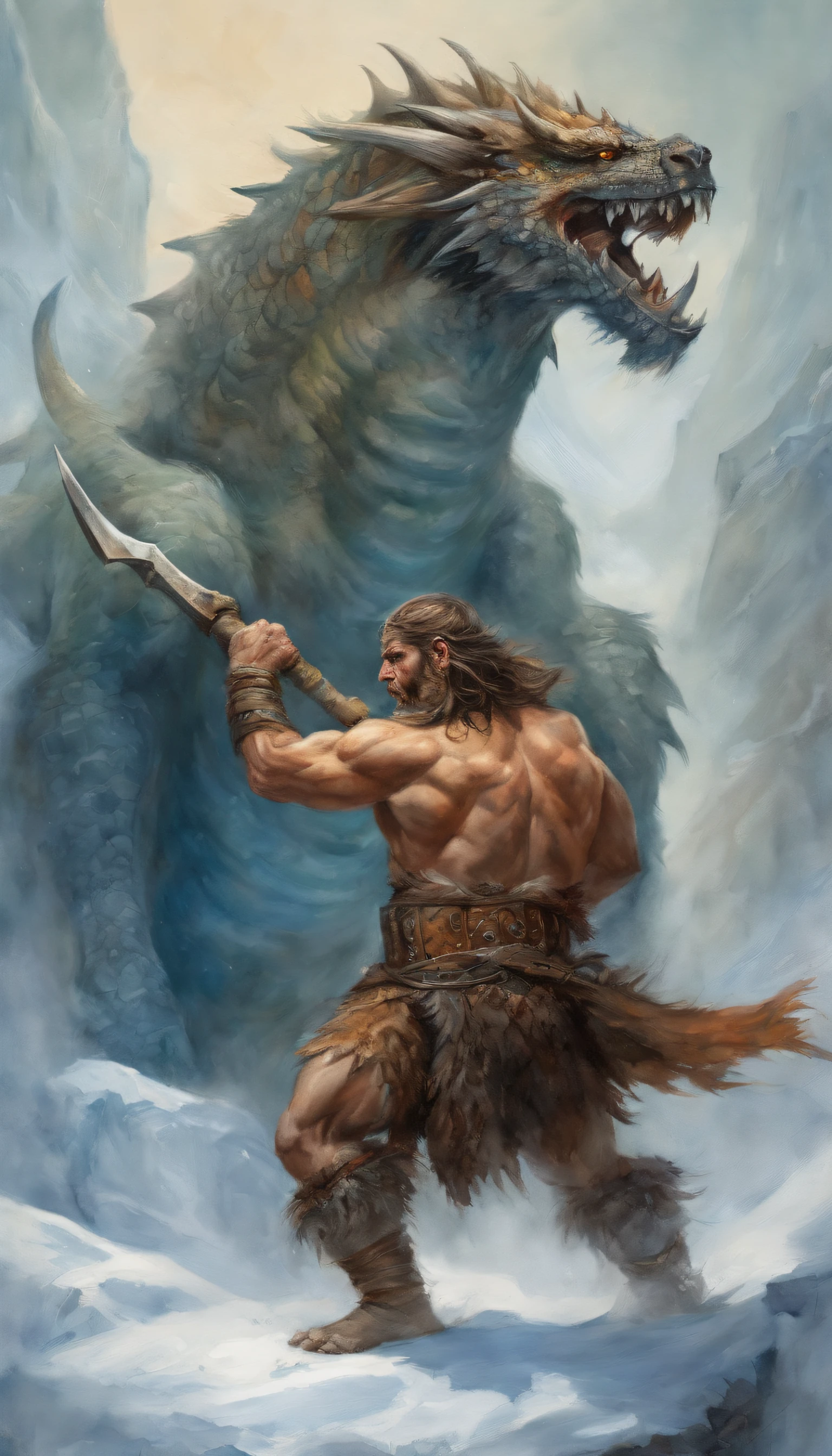 a barbarian man lunging forward with a great axe towards a fearsome ice dragon