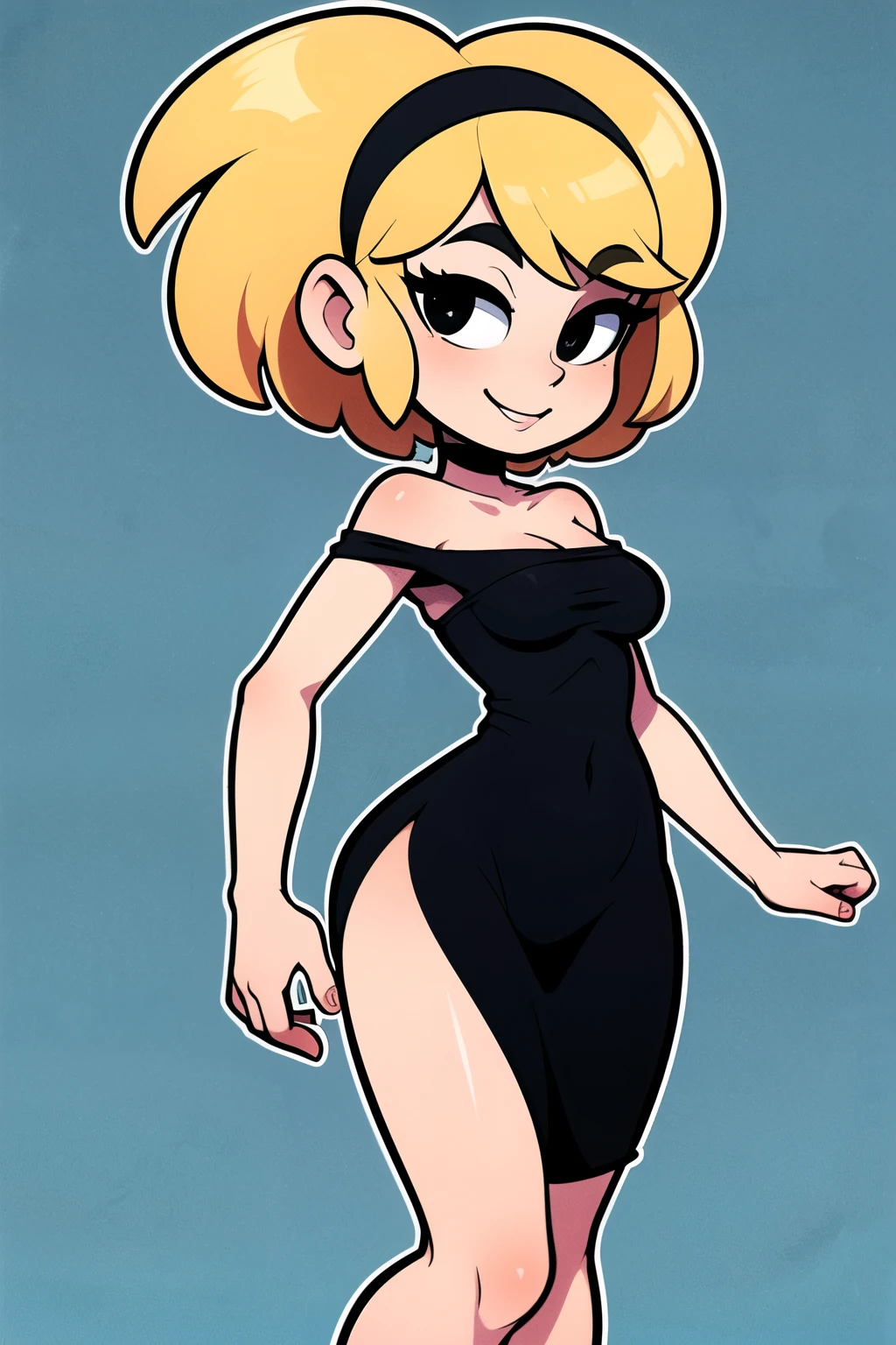 (masterpiece:1.4), (best quality:1.4), (high resolution:1.4), cartoon style, smile, short hair, blonde hair, black hairband, bare shoulders, little black dress, black bodycon dress, looking at viewer, detailed face, detailed eyes, black eyes, small breasts, slim, wide hips, dynamic pose, solo, 1 girl, fancy hotel background, character focus