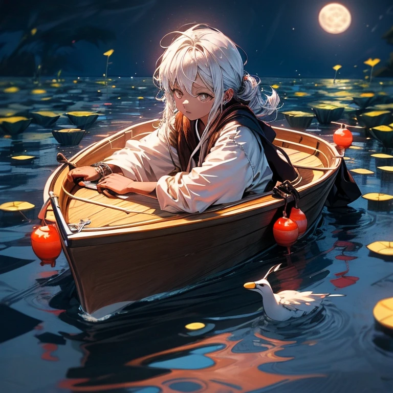 No mar calmo，There is a small boat floating on the water，There is a bright moon in the sky