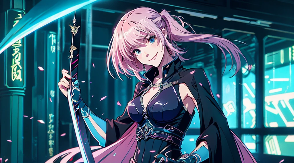 Anime style、Cyberpunk style、There is a sense of dynamism in the movement、wearing a long black dress、Beautiful girl with light pink hair and a smile、hold two swords in hand、Dark interior with blue-green tones、pc wallpaper