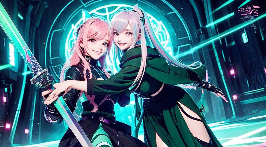 Anime style、Cyberpunk style、There is a sense of dynamism in the movement、wearing a long black dress、Beautiful girl with light pink hair and a smile、hold two swords in hand、Dark interior with blue-green tones、pc wallpaper