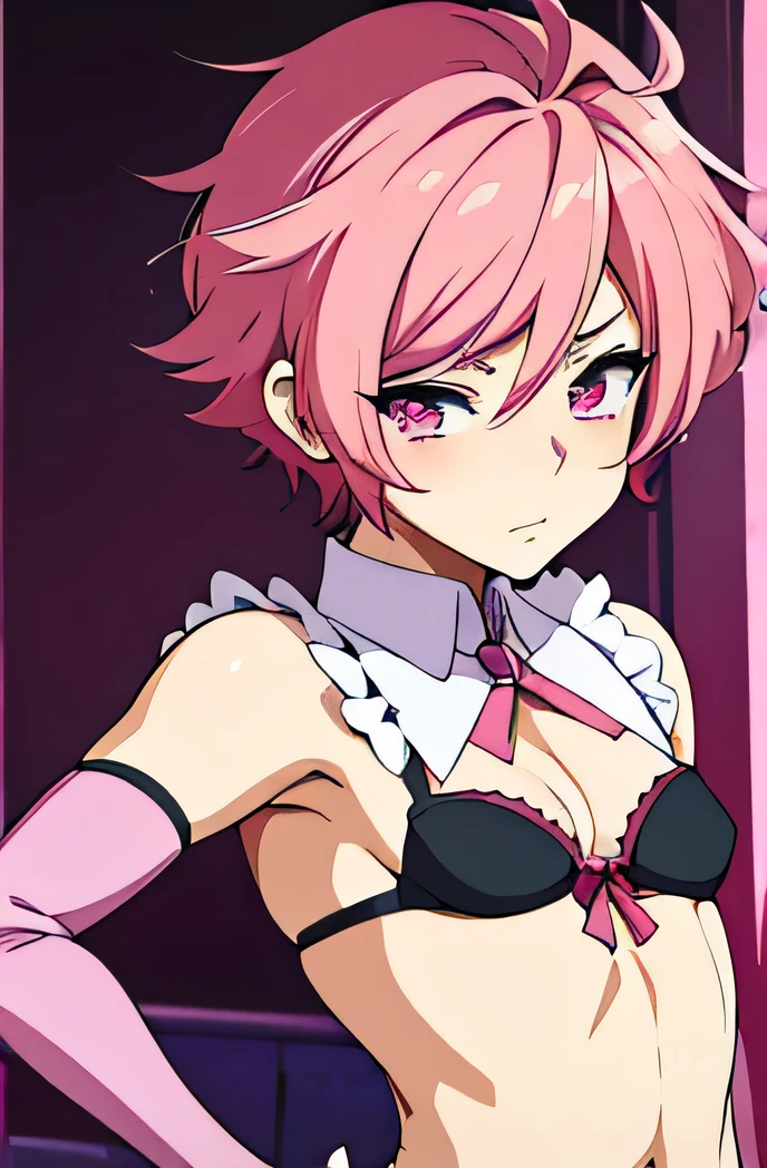 there is a cartoon picture of feminine boy with short pink hair, anime moe artstyle, 1 7 - - old me, in an anime style, demon femboy, flat anime style, cute, crossdresser, lewd body, curvy, sexy lingerie