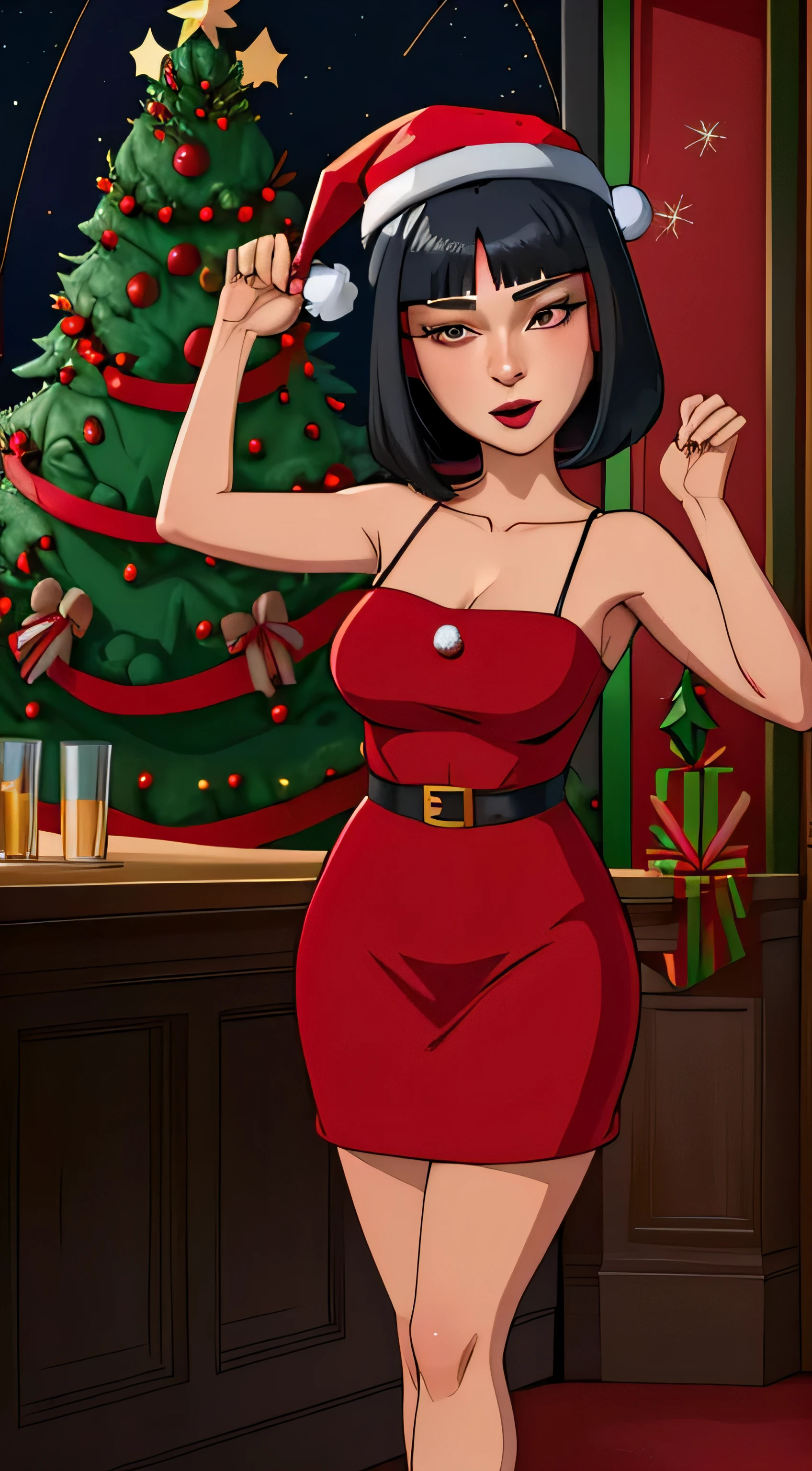 Tricia,Roupa sexy de Natal,red hat,Visualizador voltado,
sozinho,(((cabelos pretos,short hair))),
Standing,corpo inteiro,
(((vestindo uma roupa sexy de Natal vermelha, dancing at the bar, night time, Christmas tree))),
(insanamente detalhado, Rosto bonito e detalhado, master part, best quality),