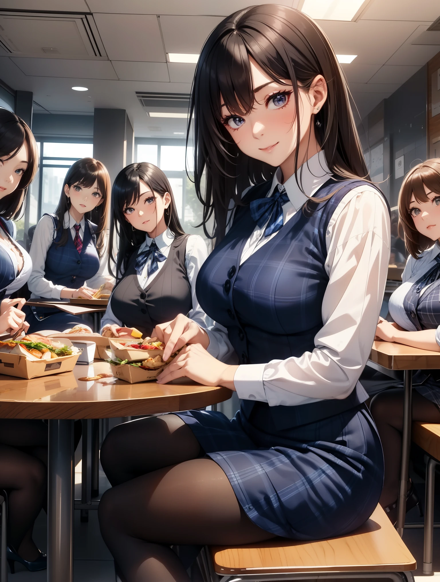 Best Quality, masutepiece, beautiful mature women、Beautiful face、Strong-minded woman、Officelady、(Officelady、navy blue plaid vest、Dark blue ribbon、White cutter shirt、Black Pencil Skirt、Black tights、high-heels:1.5)、(brown haired、Bangs are asymmetrical)、Longhaire、(((Five women sit around a table、lunch break:1.5)))、BREAK(lunchtime:1.3)