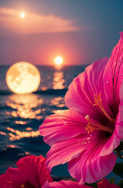 hibiscus Moon with water drops,neon glow, random background, sun rise, bokha mood