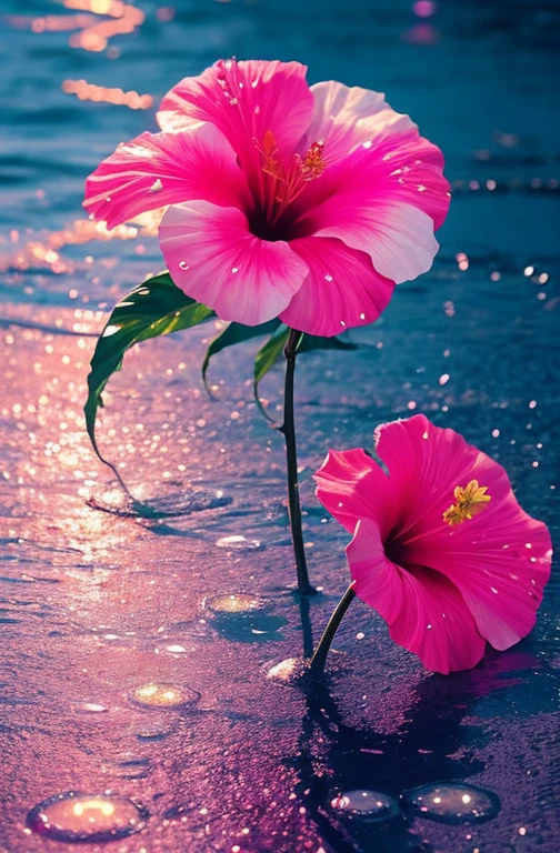 hibiscus Moon with water drops,neon glow, random background, sun rise, bokha mood