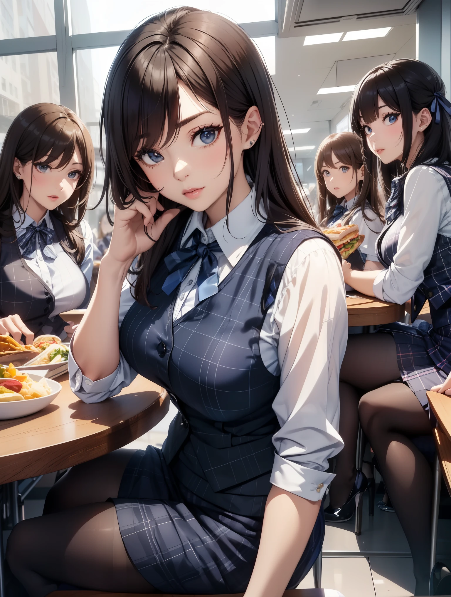 Best Quality, masutepiece, beautiful mature women、Beautiful face、Strong-minded woman、Officelady、(Officelady、navy blue plaid vest、Dark blue ribbon、White cutter shirt、Black Pencil Skirt、Black tights、high-heels:1.5)、(brown haired、Bangs are asymmetrical)、Longhaire、(((Five women sit around a table、lunch break:1.5)))、BREAK(lunchtime:1.3)