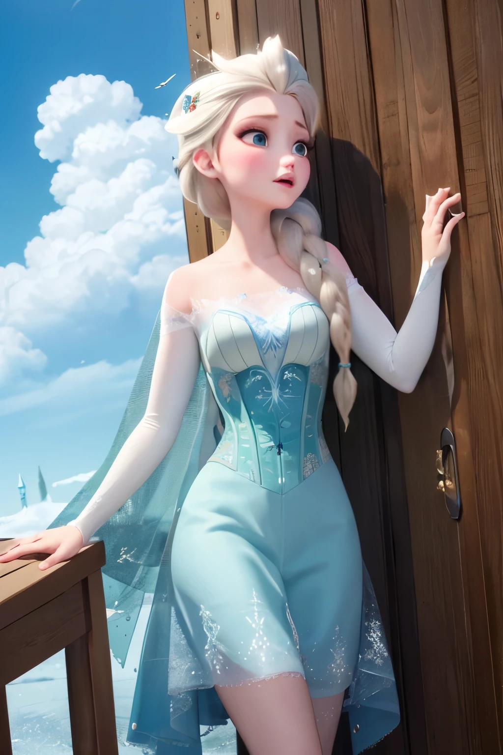 (masterpiece:1.4), (best qualit:1.4), (high resolution:1.4), for wearing roses Elsa , Frozen Elsa, frightened, cute sexy Elsa, beautiful body, with leather-clad a sunny woman rainy corset and hair, long white day, venus dark grey green beautiful raven looking brown. blue, sky, of windy