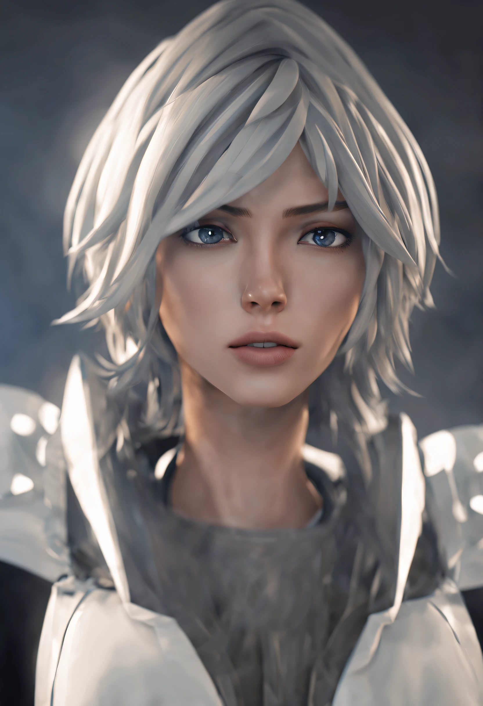 cabelo branco ,cabelo curto, modern cinema lighting, ray tracing ,sombra larga tiro UHD, pele texturizada, detalhes altos,melhor qualidade HD4K, homem, personagem de anime, de acordo com a imagem que enviei