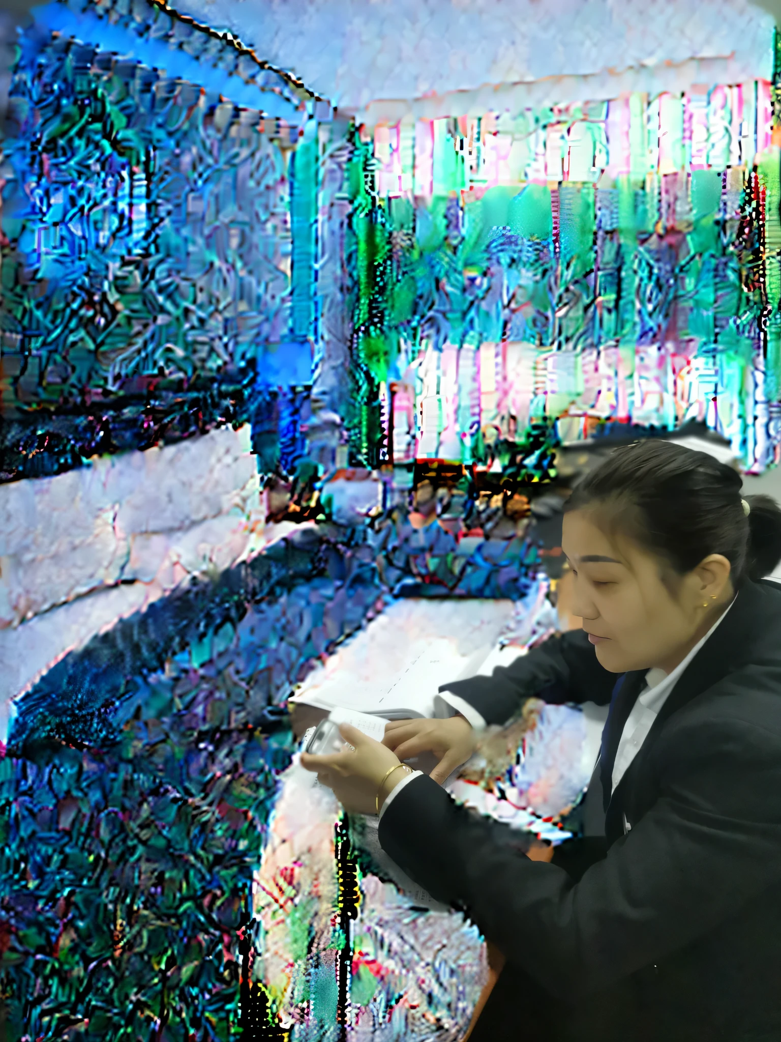 There is a woman sitting at a table with a cup of coffee - SeaArt AI