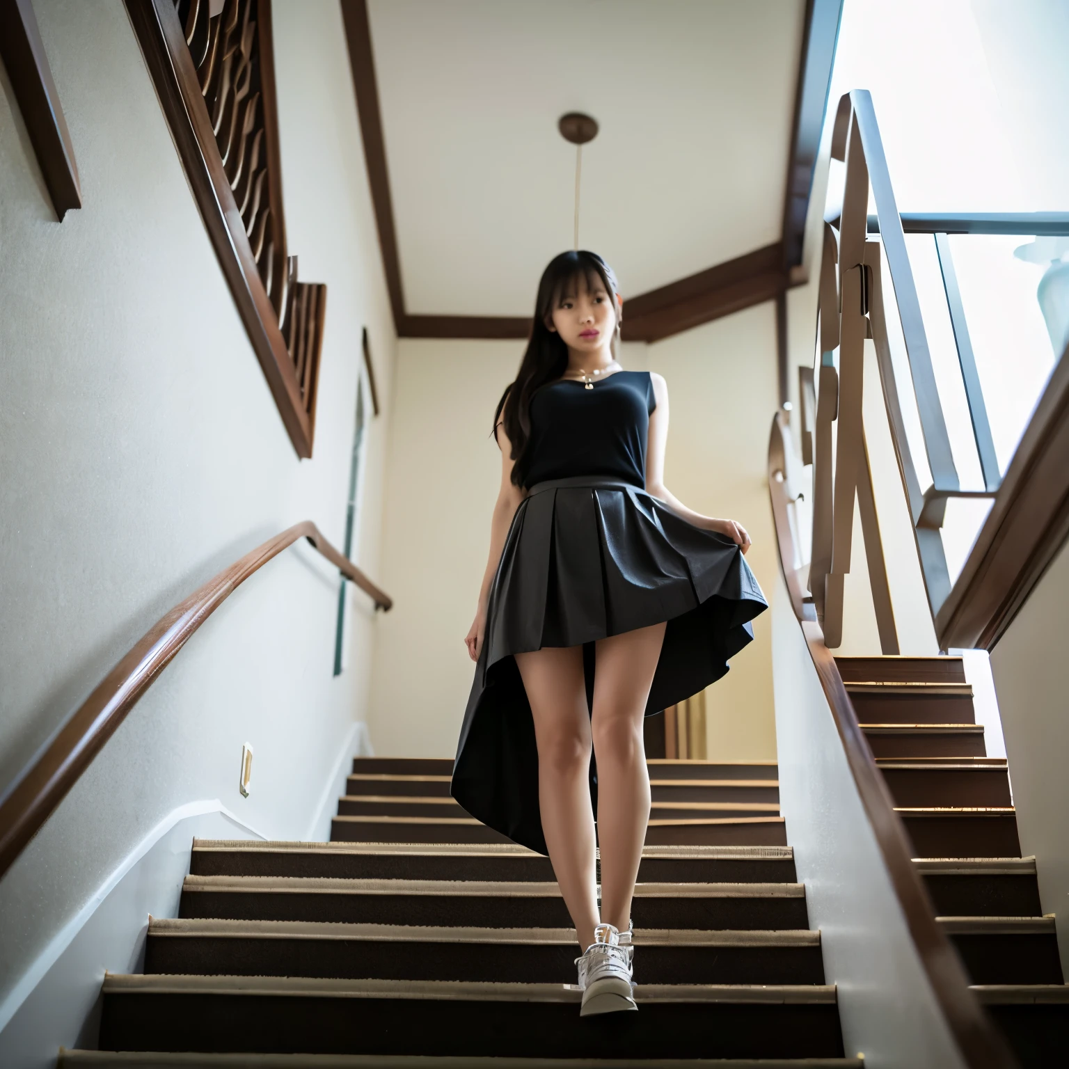 asia woman、standing on the stairs、wearing skirt、The angle is from the bottom