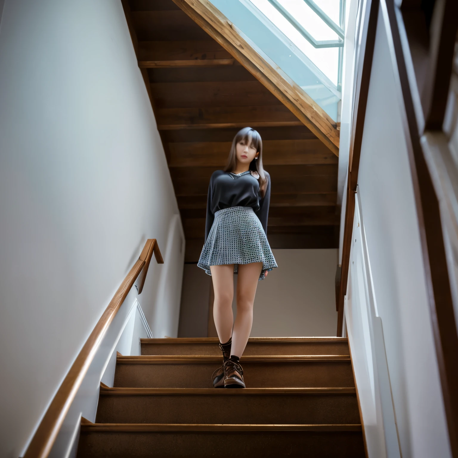 asia woman、standing on the stairs、wearing skirt、The angle is from the bottom