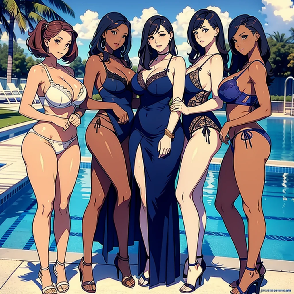 multiple thick body females standing side by side at the pool daytime, all females wearing long open slit dress, all dress has upside down v slit in the middle fully expose panties underneath dress, all females wearing different style and colors lace pattern bra and panties underneath dress,