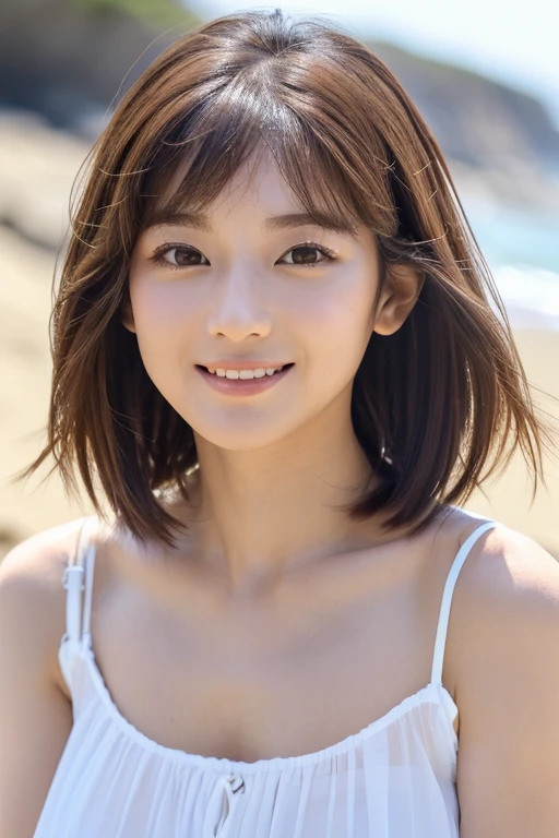 Japan Beauty,High r,is standing,Niō Standing,Straight in front photo,a smile
(Detailed body,lean body,small bust,Small breasts,Small,small tits,big breasts thin waist,Larger hips,Thick thighs)
(detailed photo composition,is standing,FULL BODYSHOT,full body shot,Shot straight ahead,Standing,eye level photo)
(detailed costume,sheer white short sleeve blouse,red fluttering miniskirt)
(A detailed face,elongated facial contour,少しa smile,Sharp cheeks,Round chin,Eyebrows that are slightly raised on the outside)
(A detailed eye,Looking at the camera,Slender eyes,Beautiful eyes,Dark gray eyes,Slightly drooping eyes,Both eyes are slightly wider)
(Detailed nose,neat nose,a little aquiline nose,Slightly large nose)
(Detailed hair,Bob cut hair,a little brown hair) (Detailed shooting location,beach,sand beach)