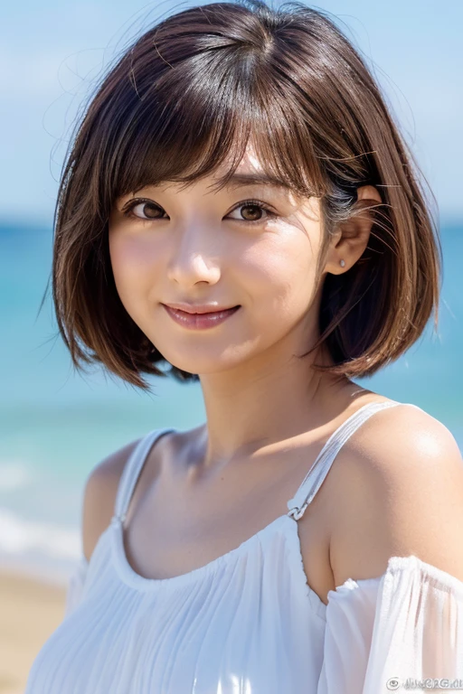 Japan Beauty,High Teenager,is standing,Niō Standing,Straight in front photo,a smile
(Detailed body,lean body,small bust,Small breasts,Small,small tits,big breasts thin waist,Larger hips,Thick thighs)
(detailed photo composition,is standing,FULL BODYSHOT,full body shot,Shot straight ahead,Standing,eye level photo)
(detailed costume,sheer white short sleeve blouse,red fluttering miniskirt)
(A detailed face,elongated facial contour,少しa smile,Sharp cheeks,Round chin,Eyebrows that are slightly raised on the outside)
(A detailed eye,Looking at the camera,Slender eyes,Beautiful eyes,Dark gray eyes,Slightly drooping eyes,Both eyes are slightly wider)
(Detailed nose,neat nose,a little aquiline nose,Slightly large nose)
(Detailed hair,Bob cut hair,a little brown hair) (Detailed shooting location,beach,sand beach)
