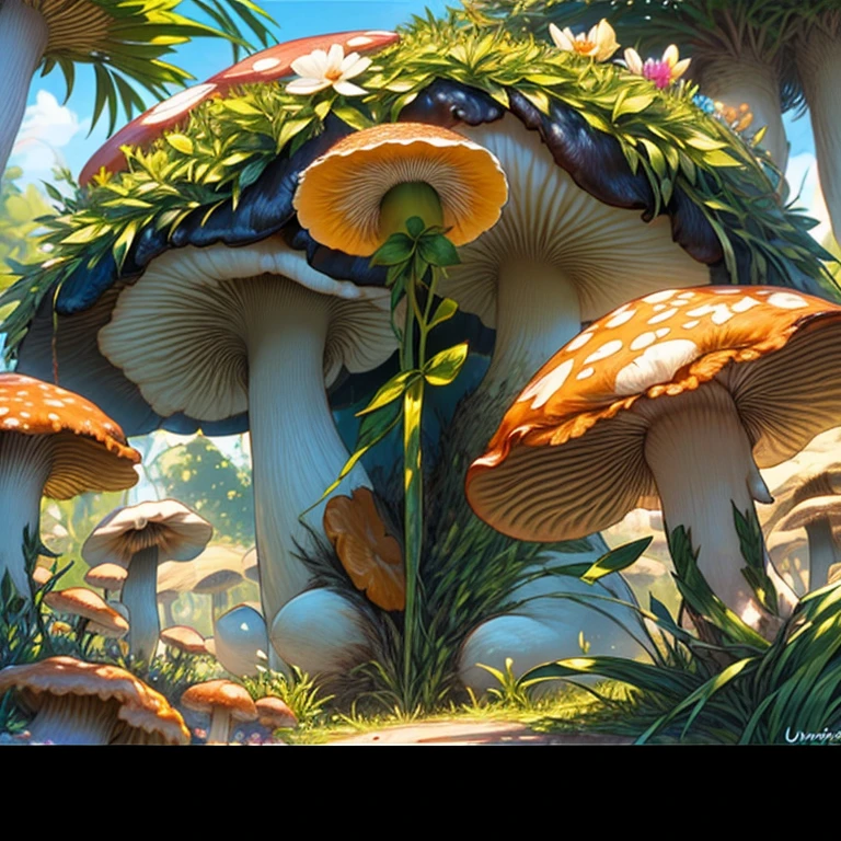 (SFV,Cogumelo premium,rede(floresta de cogumelos)，(o ultra-detalhado)arte de fantasia digital,Mushrooms are everywhere，Unique mushroom shape(magica)casa.