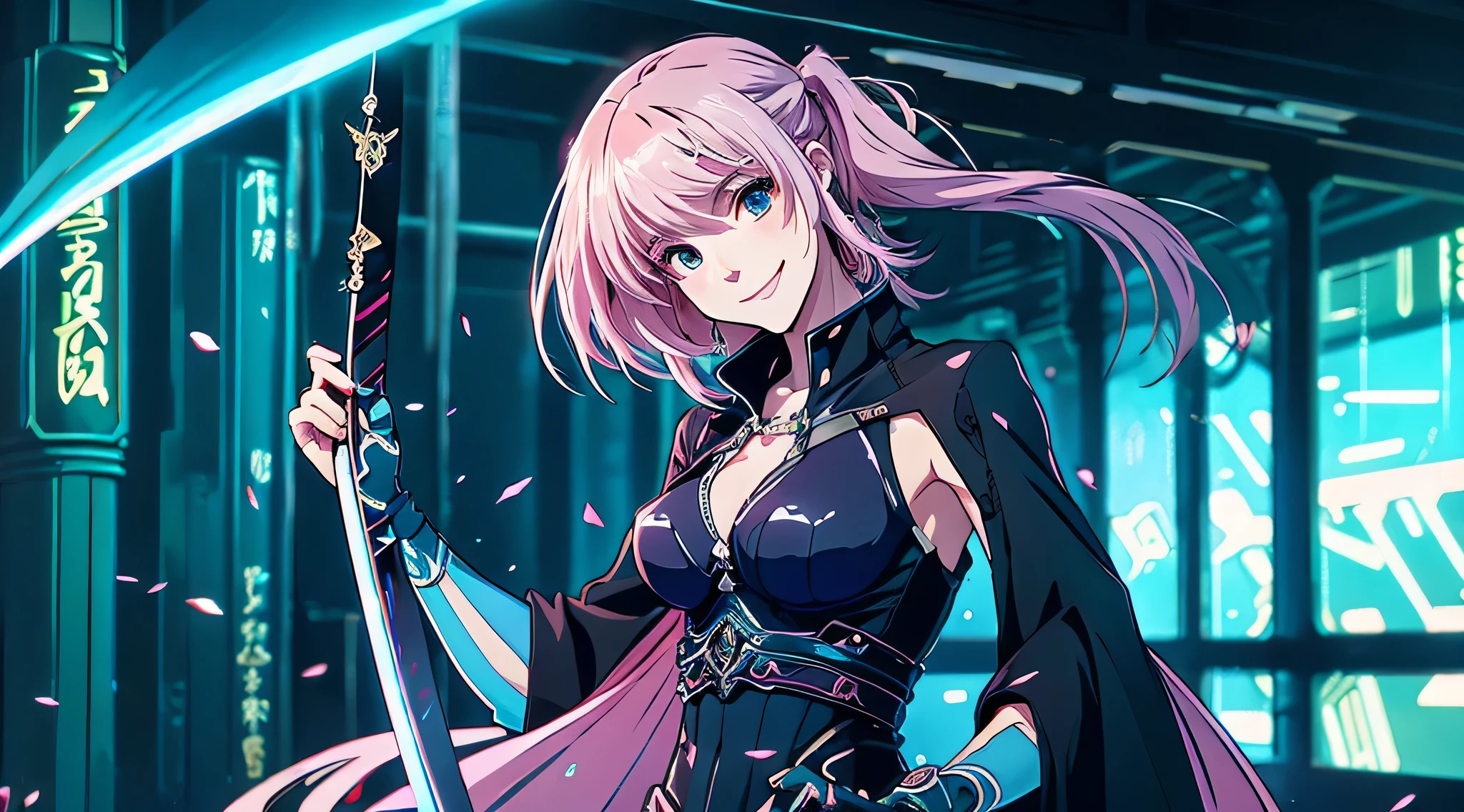 Anime style、Cyberpunk style、There is a sense of dynamism in the movement、Wearing a long black dress、Beautiful girl with bright pink hair and a smile、holding two swords in hand、Dark interior with blue-green tones、pc wallpaper
