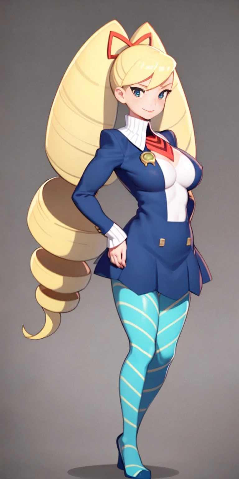 full body standing straight symmetrical, huge boob(masterpiece, best quality:1.2), cowboy shot, solo, 1MILF, mmplatz, smile, looking at viewer, hands on hips, twintails, twin drills, dress, blue pantyhose, striped pantyhose, Handcuffs on their hands, With a collar around the neck
