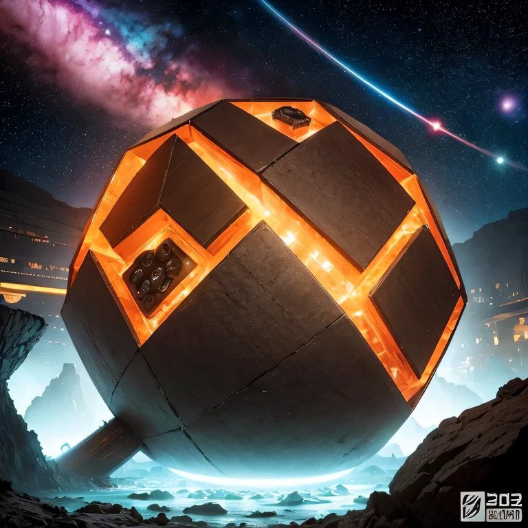 Alien Hexagonal Base (very detailed nipples) In a hexagonal mountain oasis,There are several hexagonal exhaust fans and chimneys, some neon lights projecting from the base,Light up the dark night), There are some clouds in the night sky, Some surrounding planets provide air to unknown planets,The most remote giant hexagonal volcano erupts,the rainforest