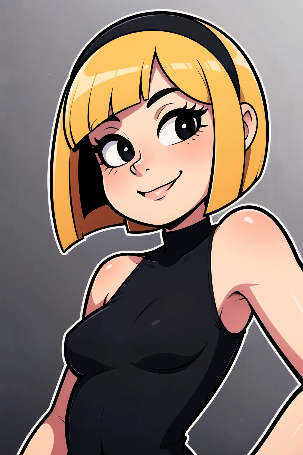 (masterpiece:1.4), (best quality:1.4), (high resolution:1.4), cartoon style, smile, short hair, blonde hair, bob cut, black hairband, bare shoulders, little black dress, black bodycon dress, looking at viewer, detailed face, detailed eyes, black eyes, small breasts, slim, wide hips, dynamic pose, solo, 1 girl, fancy hotel background, character focus