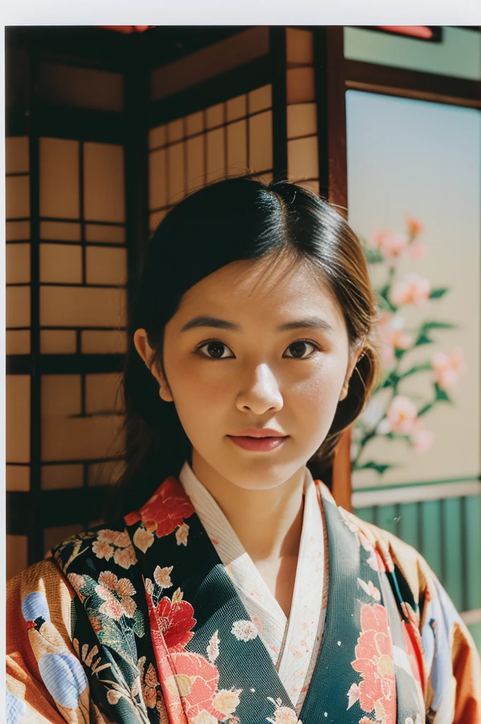 (Flicker effect:1.3)(analog film photo:1.4)(vintage photo:1.2)(portrait 400)(instant film:1.2)in front of a traditional japanese room( woman in a floral textile kimono:1.2)1 woman, portrait, Korean idols, japanese beauty, high quality, (detailed face:1.4) best quality,8k