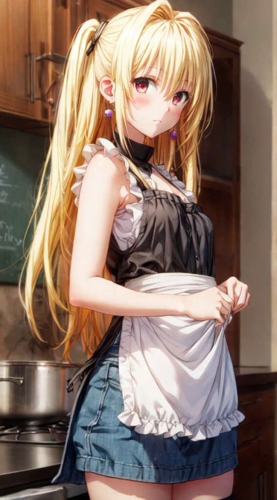 Best Quality, high resolution, Yami , 1girl,  Solo, yellow hair, red eyes, earrings, Jewelry,, White belly button tank top ，tiny chest, (I don't wear anything under the apron)，(Pose with your buttocks sticking out and turning around)，Denim miniskirt，buttocks expose，(I'm cooking with an apron on.)，Kitchen background, shy expression