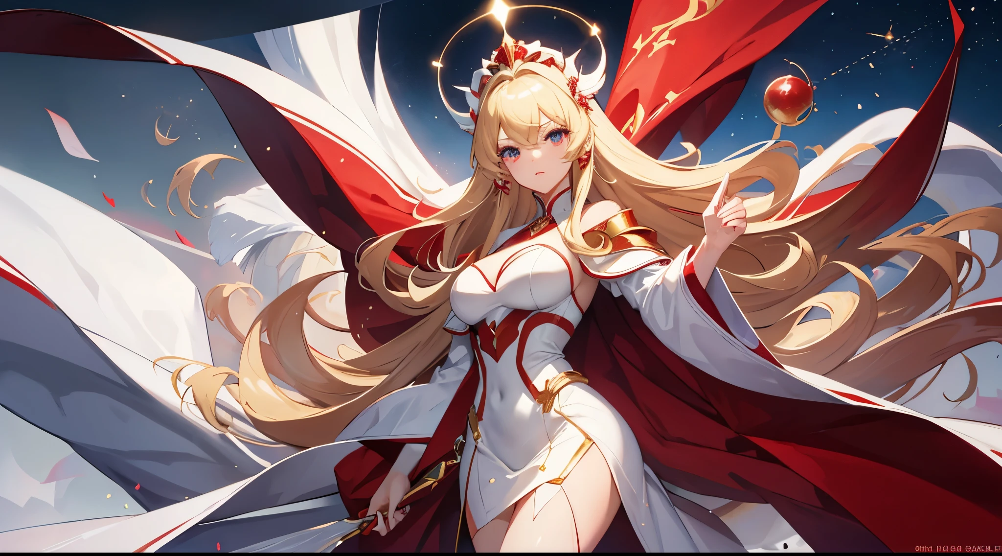 Masterpiece, best quality, White headphone, blonde, korean woman, tall, slender, white power suit, red gauntlet, red high heels, red cape, beautiful face, detailed face, detailed fingers, full height, anime pastel, cleavage, flying, show stars and planets, zoom out