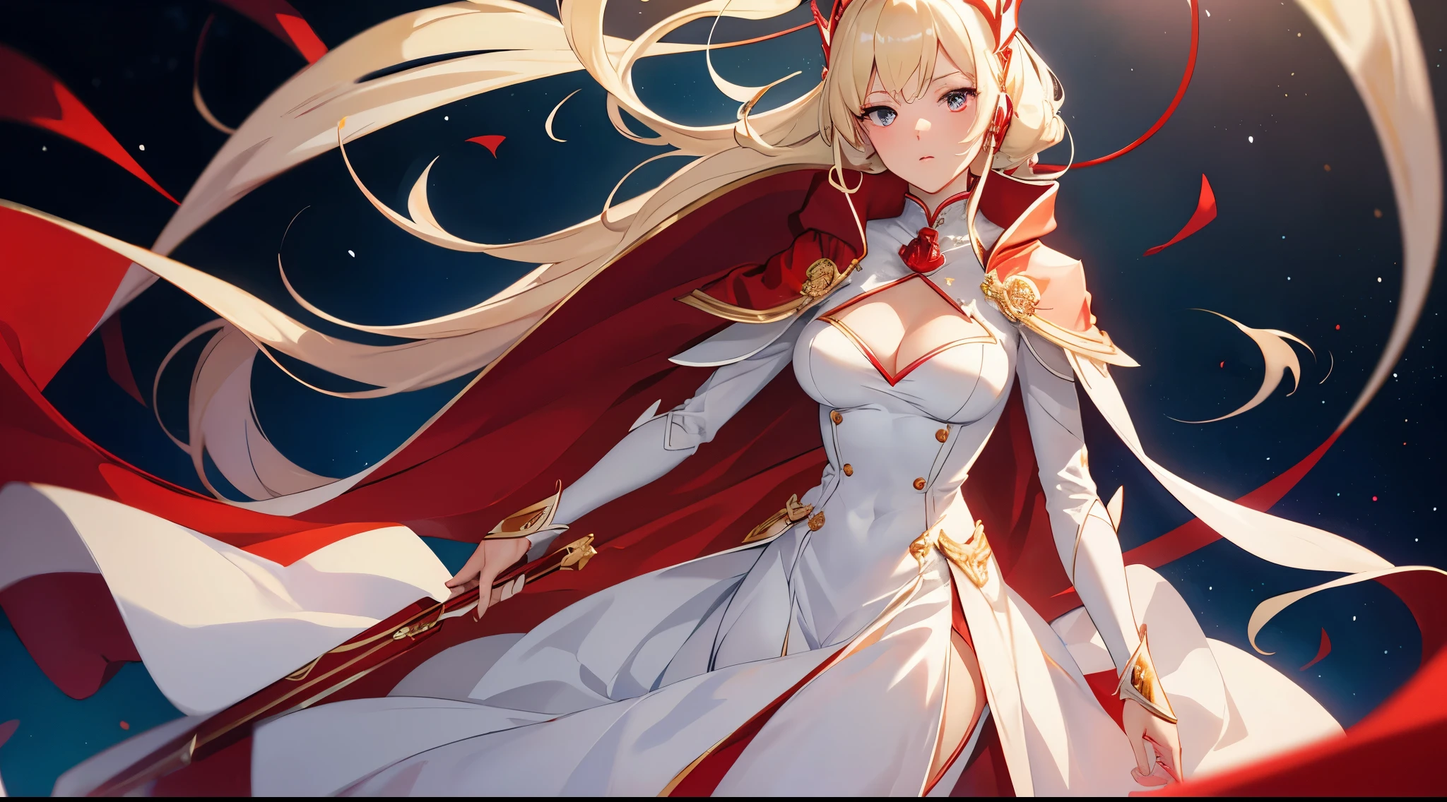 Masterpiece, best quality, White headphone, blonde, korean woman, tall, slender, white power suit, red gauntlet, red high heels, red cape, beautiful face, detailed face, detailed fingers, full height, anime pastel, cleavage, flying, show stars and planets, zoom out