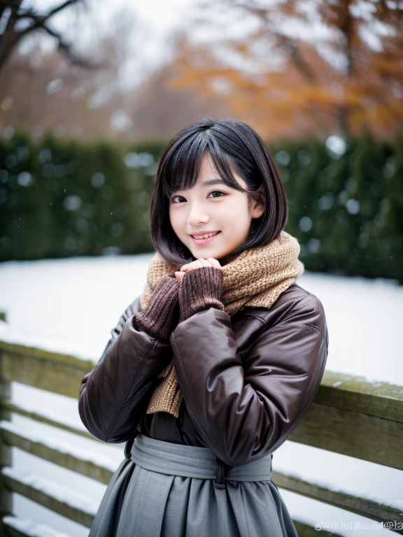 (8k, RAW photo, best quality, masterpiece, ultra detailed:1.2),(realistic, photo-realistic:1.4), upper body shot, (extremely cute, Japanese idol:1.2), 20 years old, (detailed skin, detailed face: 1.2), sharp focus, SIGMA 85mm f/1.4., depth of field, blur background, bokeh, cinematic lighting, soft light, pale skin, brown eyes, naughty smile, seductive, kawaii, looking at viewer, short straight black hair, gray parka, winter coat, random pose, long skirt, park, cold winter