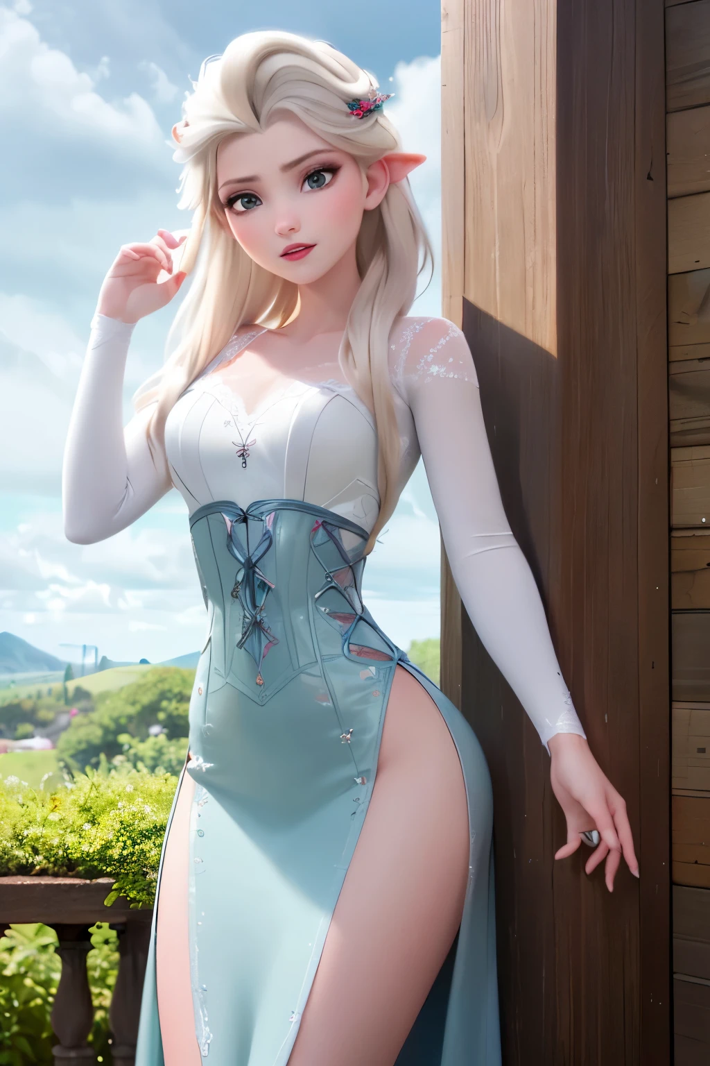 Elfgirl(Obra maestra:1.4), (Mejor calidad:1.4), (High resolution:1.4), por llevar rosas Elsa , Elsa congelada, asustado, linda y sexy elsa, hermoso cuerpo, with corset and rainy hair leather dress of a sunny woman, long white day, venus dark gray green beautiful raven looking brown. azul, Cielo, de viento