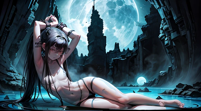 a tied up naked teenager girl in black pigtails with an emo male teenager with black hair,  blue lagoon, night, moon, blue planet, futuristic