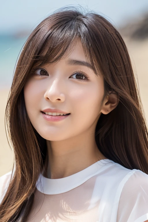 Japan Beauty,High Teenager,is standing,Niō Standing,Straight in front photo,a smile
(Detailed body,lean body,small bust,Small breasts,Small,small tits,big breasts thin waist,Larger hips,Thick thighs)
(detailed photo composition,is standing,FULL BODYSHOT,full body shot,Shot straight ahead,Standing,eye level photo)
(detailed costume,sheer white short sleeve blouse,red fluttering miniskirt)
(A detailed face,elongated facial contour,少しa smile,Sharp cheeks,Round chin,Eyebrows that are slightly raised on the outside)
(A detailed eye,Looking at the camera,Slender eyes,Beautiful eyes,Dark gray eyes,Slightly drooping eyes,Both eyes are a little narrow)
(Detailed nose,neat nose,a little aquiline nose,Slightly large nose)
(Detailed hair,Bob cut hair,a little brown hair) (Detailed shooting location,beach,sand beach)