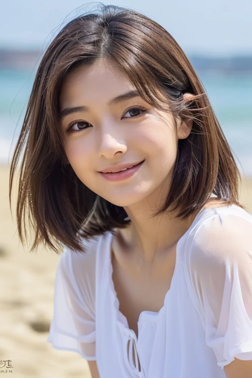 Japan Beauty,High Teenager,is standing,Niō Standing,Straight in front photo,a smile
(Detailed body,lean body,small bust,Small breasts,Small,small tits,big breasts thin waist,Larger hips,Thick thighs)
(detailed photo composition,is standing,FULL BODYSHOT,full body shot,Shot straight ahead,Standing,eye level photo)
(detailed costume,sheer white short sleeve blouse,red fluttering miniskirt)
(A detailed face,elongated facial contour,少しa smile,Sharp cheeks,Round chin,Eyebrows that are slightly raised on the outside)
(A detailed eye,Looking at the camera,Slender eyes,Beautiful eyes,Dark gray eyes,Slightly drooping eyes,Both eyes are a little narrow)
(Detailed nose,neat nose,a little aquiline nose,Slightly large nose)
(Detailed hair,Bob cut hair,a little brown hair) (Detailed shooting location,beach,sand beach)