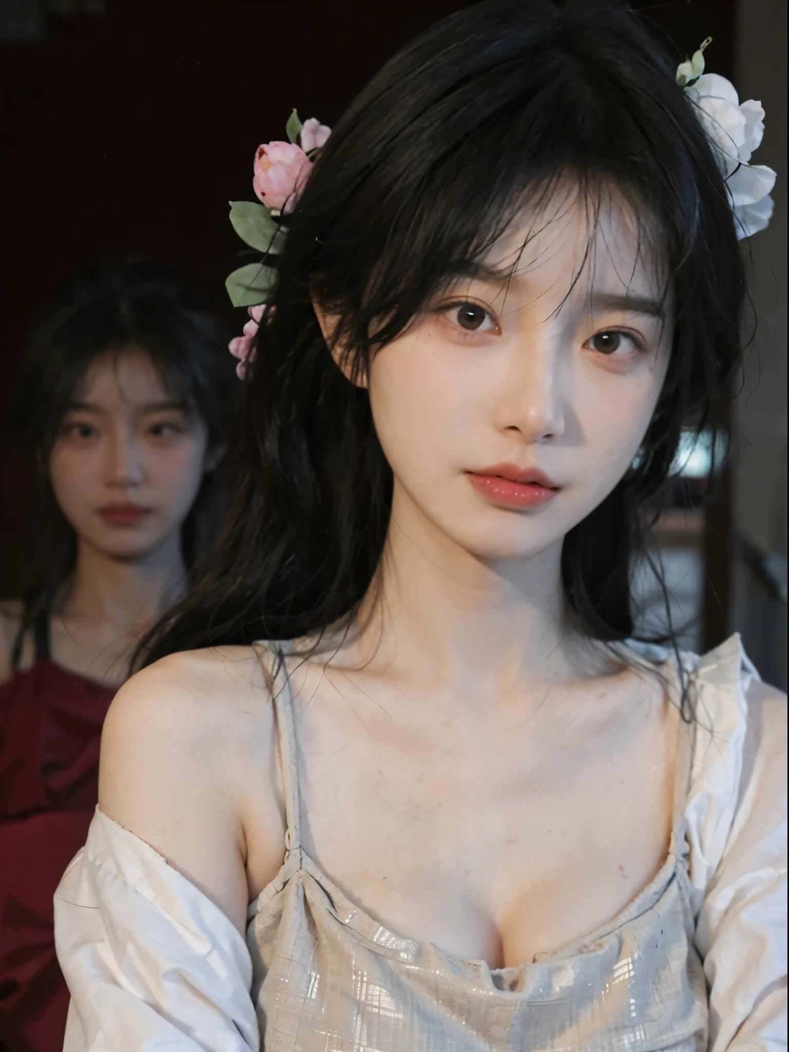 Best quality， 超高分辨率， （realistically：1.4）， one-girl， A pair of clear and moving peach blossom eyes,Imperial sister，a sense of atmosphere，（faded ash-gray hair：1）， （The large：1.3）， looking at viewert， closeup cleavage ，